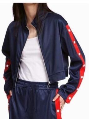 H&M DIVIDED  Navy blue white and red buttoned sleeved lightweight jacket Size XS